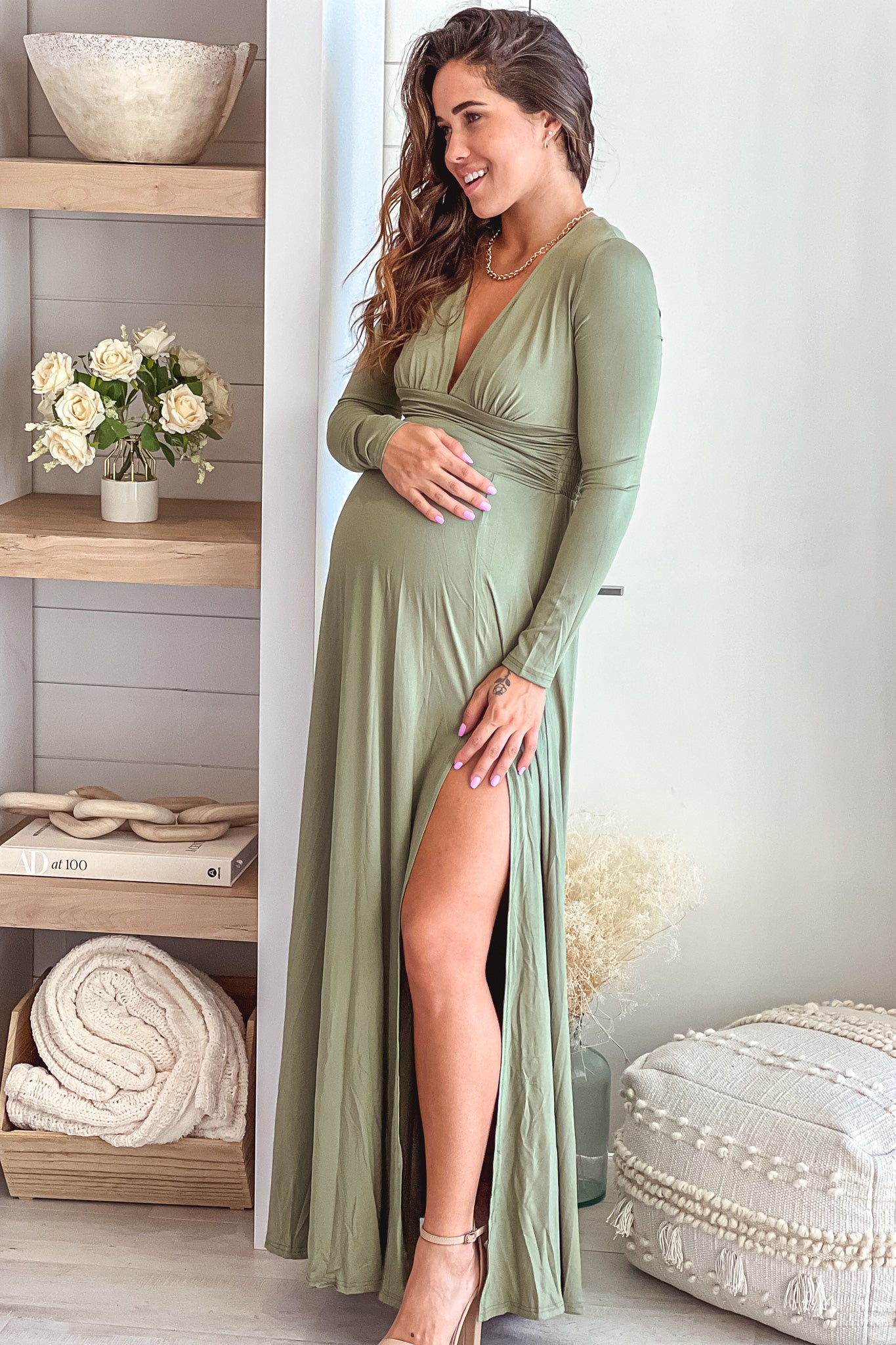 Olive Maternity Maxi Dress with Long ...